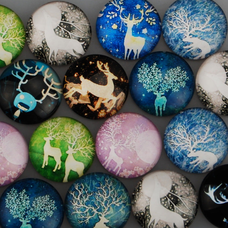 30MM Round pattern glass cabochons with mixed elk,flat back,thickness 7mm,20 pieces/lot