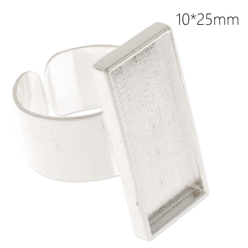 10x25mm silver plated adjustable rectangle cabochon base setting ring,ring blank,ring bezel, 10 pieces/lot