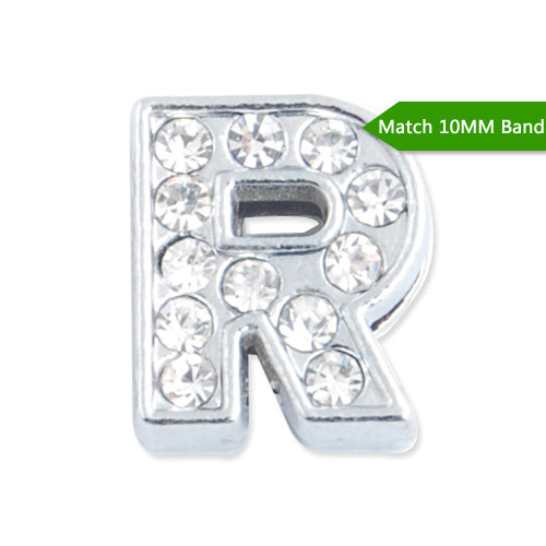 10MM Letter "R" Slider Charms,Crystal Rhinestones Alphabets Beads,Silver Plated,Match 10mm Band or Slider Bracelet;sold 50pcs per pkg