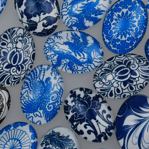 18*25MM Oval Colorful glass cabochons,Mix china Blue and white porcelain pattern glass cabochons,flat back,thickness 5.5mm,20 pieces/lot