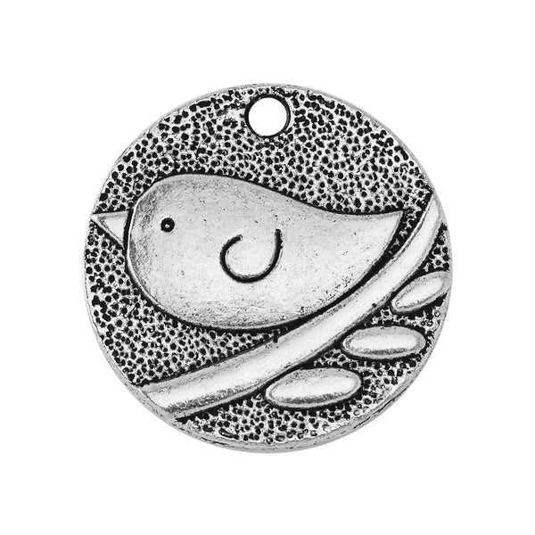50 Antique Silver Round Bird Charm Free Bird Pendants Swallow Jewelry Making Findings 25mm