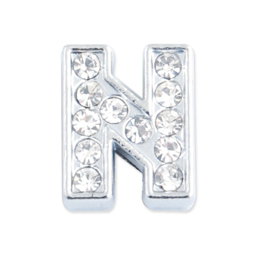 12*10*5 MM Clear Crystal Rhinestone Letter "N" Slider Charm Beads,Hole Sizes:8*2 MM,Silver Plated,lead Free and Nickel Free,Sold 50 PCS Per Package