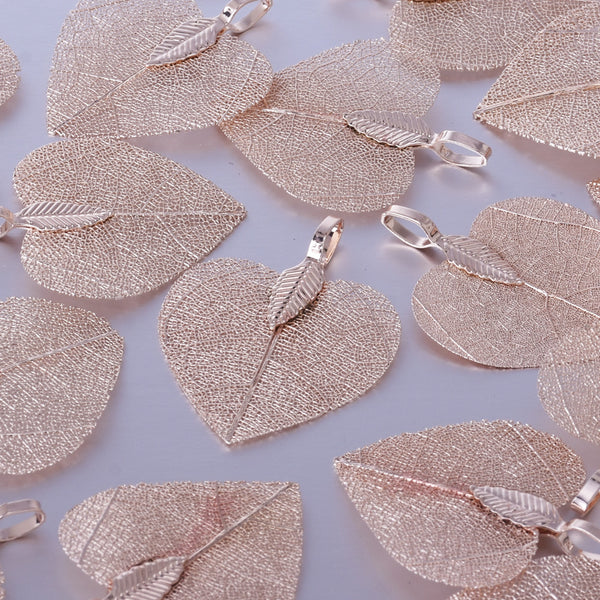 About 25-30mm Real Nature Heart Leaf Pendant Filigree Leaf Charm metal leaf, electroforming hole 5mm Jewelry Supplies plated rose gold 2pcs