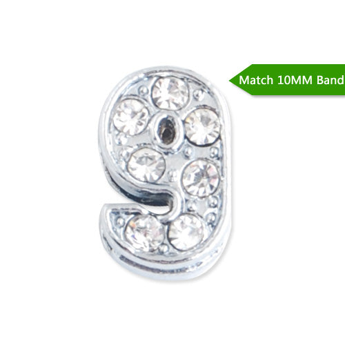 10MM Number "9" Slider Charms,Crystal Rhinestones Number Beads,Silver Plated,Match 10mm Band or Slider Bracelet;sold 50pcs per pkg