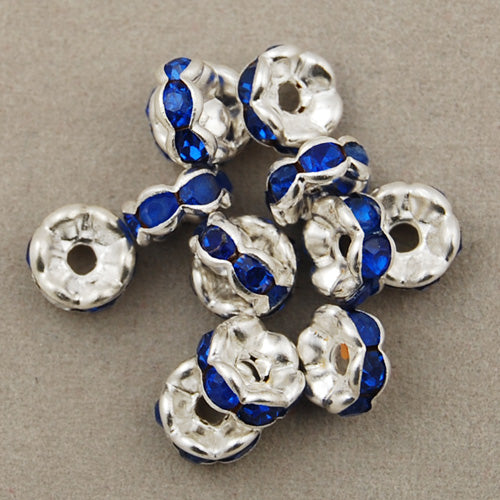 6MM Diameter Rhinestone Spacer Beads,Royal Blue,Brass,Silver Plated,Thick About 3MM,Hole:About 1MM,Sold 100 PCS Per Package