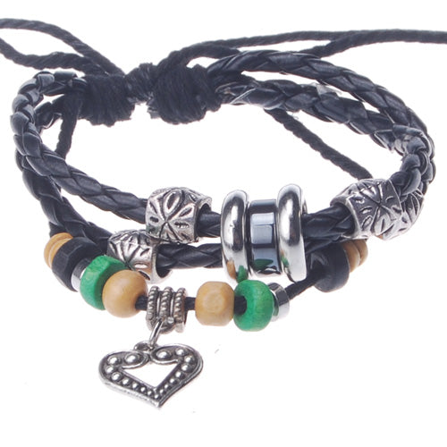 2013-2014 Summer hot sale promotional gifts love heart charm beaded hand-woven  leather bracelet,Black,sold 10pcs per pkg