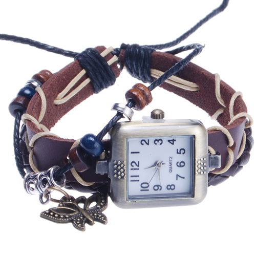 2013-2014 new arrival with antique bronze butterfly charm hand-knitted leather watches bracelet wrist watch,Square dial,Red Coffee Color,sold 10pcs per pkg