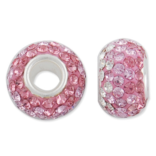 12*7 MM High Quality Round Pink-Crystal Pave Crystal Beads,Brass Hole,Hole Size 4.3MM,Sold 5 PCS Per Package