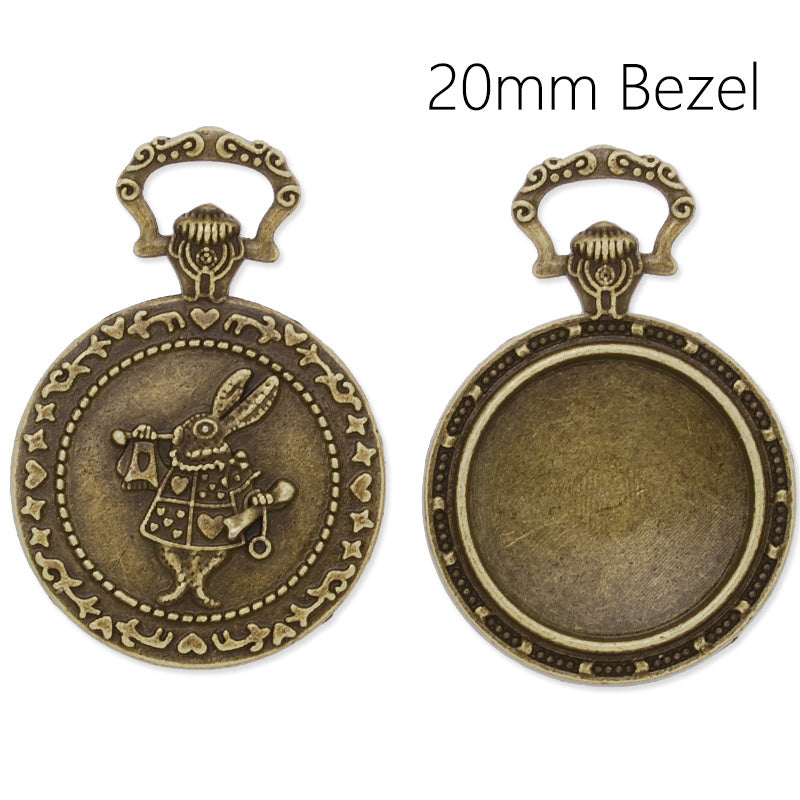 20mm Round pocket watch pendant tray with rabbit in the back,Zinc alloy filled,Antique Bronze plated,20pcs/lot