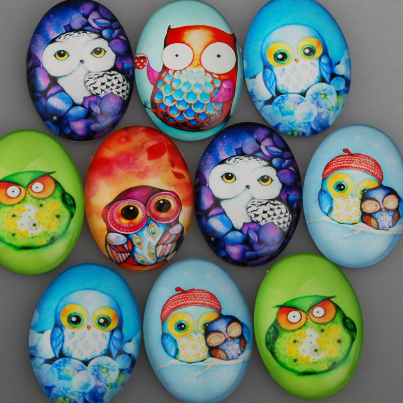 30x40MM oval pattern glass cabochons with mixed owl,flat back,thickness 8mm,10 pieces/lot