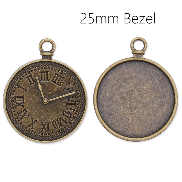 Antique Bronze pendant tray with 25mm Round bezel,another sided is clock,20pcs/lot