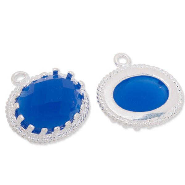 15.5x16.5mm framed glass,metal framed glass,Faceted glass,royal blue,connectors,gemstone bezel,Sold 5pcs/lot