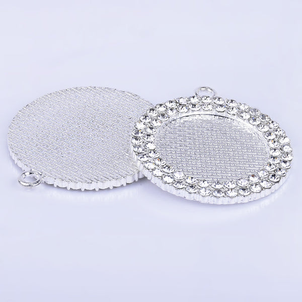 25mm Zinc alloy Double Rhinestones Blank Bezel pendant Trays base round pendant setting plated silver 10pcs