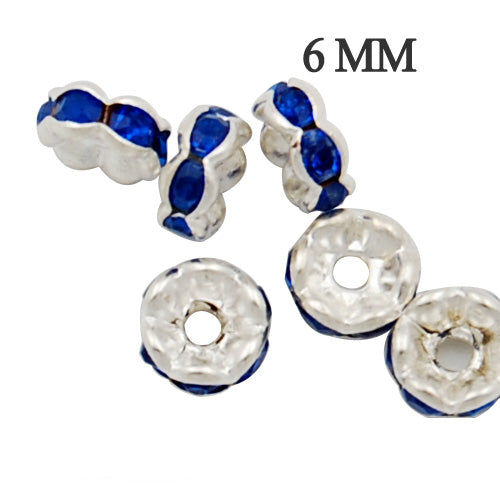 6MM Diameter Rhinestone Spacer Beads,Royal Blue,Brass,Silver Plated,Thick About 3MM,Hole:About 1MM,Sold 100 PCS Per Package