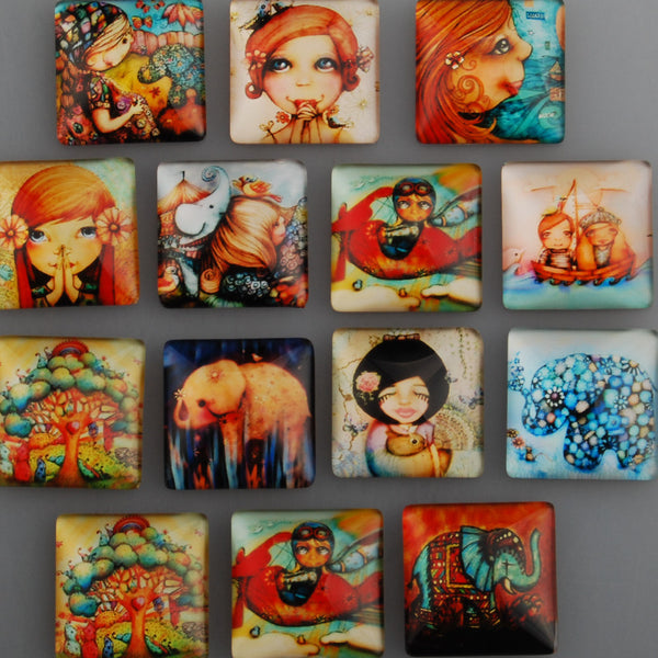 25mm Square transparent pattern glass cabochons with mixed Girls,flat back,thickness 6.5mm, 20 pieces/lot