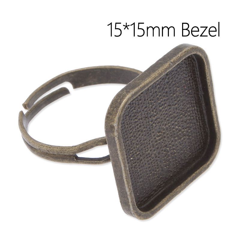 Adjustable Ring with 15x15mm Square Bezel,Filleted corner,Zinc alloy Filled,Antique Bronze plated,20pcs/lot