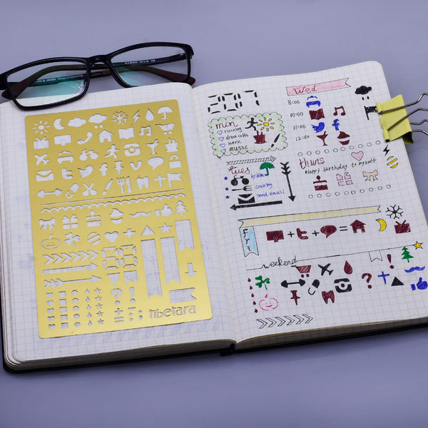 About  4*7" Brass Bullet journal stencil Useful Icons Stencil planner stencil fits A5 journal & Midori Regular 1pcs
