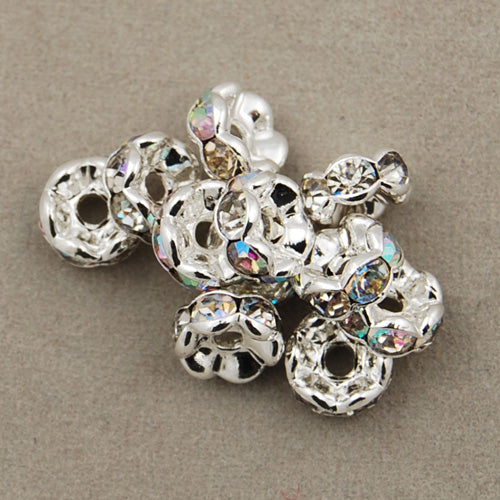 6MM Diameter Rhinestone Spacer Beads,Clear AB Color,Brass,Silver Plated,Thick About 3MM,Hole:About 1MM,Sold 100 PCS Per Package