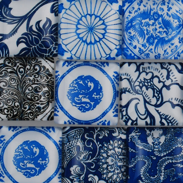 20MM Square Colorful glass cabochons,Mix china Blue and white porcelain pattern glass cabochons,flat back,thickness 5mm,20 pieces/lot