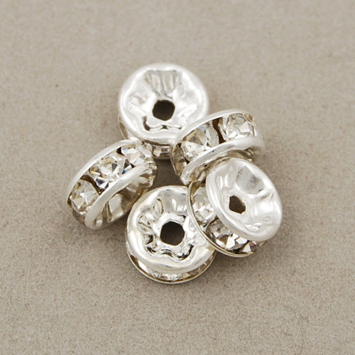 8MM Diameter Rhinestone Spacer Beads,Crystal Diamond,Brass,Silver Plated,Thick About 3.8MM,Hole:About 1.5MM,Sold 200 PCS Per Package