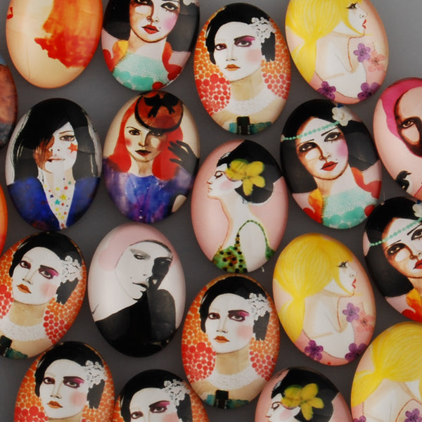 18*25mm Oval transparent pattern glass cabochons with mixed fashion womens,flat back,thickness 6mm, 20 pieces/lot