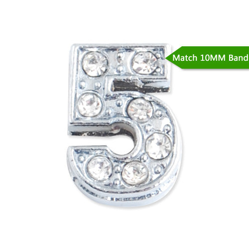 10MM Number "5" Slider Charms,Crystal Rhinestones Number Beads,Silver Plated,Match 10mm Band or Slider Bracelet;sold 50pcs per pkg
