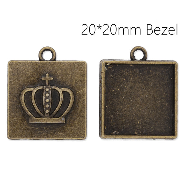Antique Bronze pendant tray with 20x20mm Square bezel,another sided is Crown,20pcs/lot