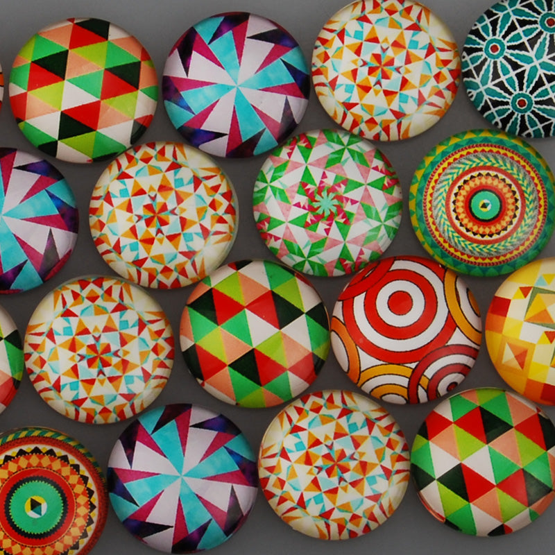 20MM Round pattern glass cabochons with mixed kaleidoscope,flat back,thickness 6mm,20 pieces/lot