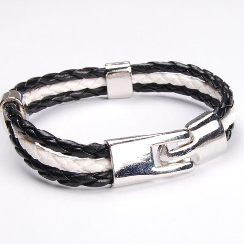 New Wholesale stainless steel button white and black Genuine leather bracelet for men,fashion Jewelry,sold 10pcs per pkg