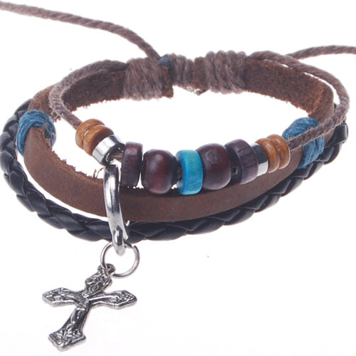 2013-2014 Summer hot sale promotional gifts cross charm beaded hand-woven  leather bracelet,Deep Coffee,sold 10pcs per pkg