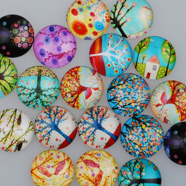 20MM Round pattern glass cabochons with mixed tree,colorful photo glass cabochon,flat back,thickness 5.5mm,20 pieces/lot
