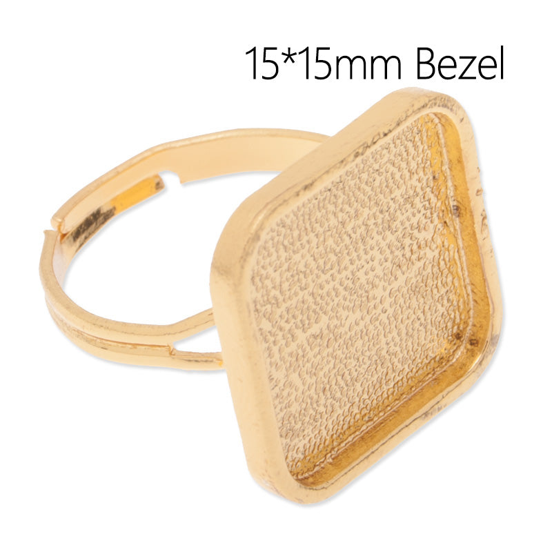 Adjustable Ring with 15x15mm Square Bezel,Filleted corner,Zinc alloy Filled,Gold plated,20pcs/lot