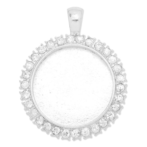25mm Silver Round pendant tray with Rhinestone,Zinc Alloy filled,10pcs/lot