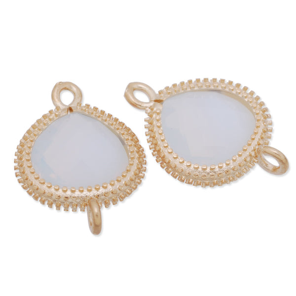 13x18.5mm matt gold plated framed glass,Faceted glass,white opal,connectors,gemstone bezel,Sold 5pcs/lot