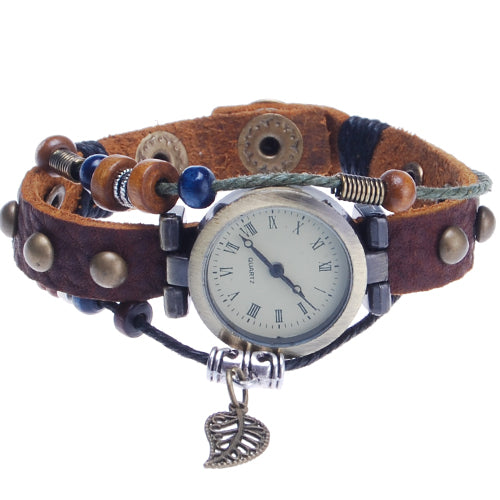 2013-2014 new arrival with leaf hand-knitted leather watches bracelet wrist watch,Red Coffee Color,sold 10pcs per pkg