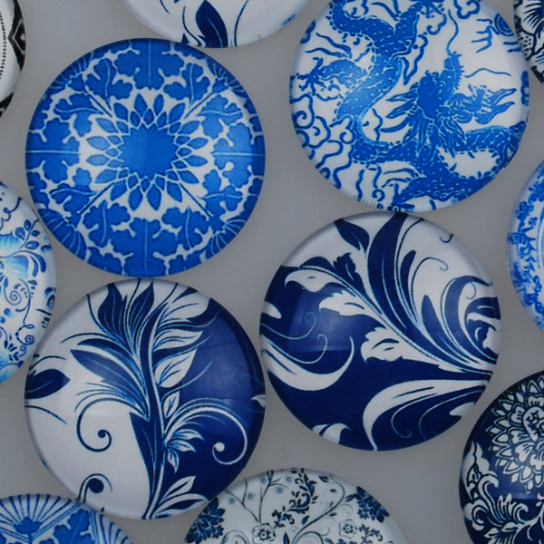 30MM Round Colorful glass cabochons,Mix china Blue and white porcelain pattern glass cabochons,flat back,thickness 7mm,20 pieces/lot