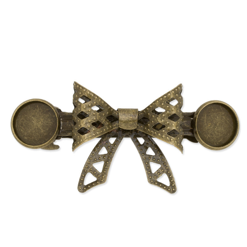 63x29mm Hair Clip Blank Barrette with one bowknot and double 12mm bezels,Antique Bronze,Brass filled,5pcs/lot