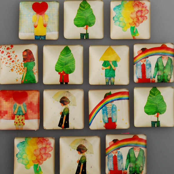 25mm Square transparent pattern glass cabochons with mixed Lover,flat back,thickness 6.5mm, 20 pieces/lot