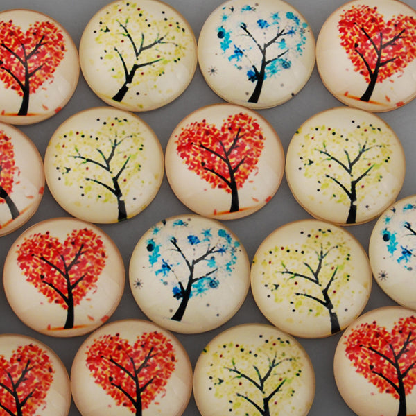 30MM Round pattern glass cabochons with mixed tree,flat back,thickness 7mm,20 pieces/lot