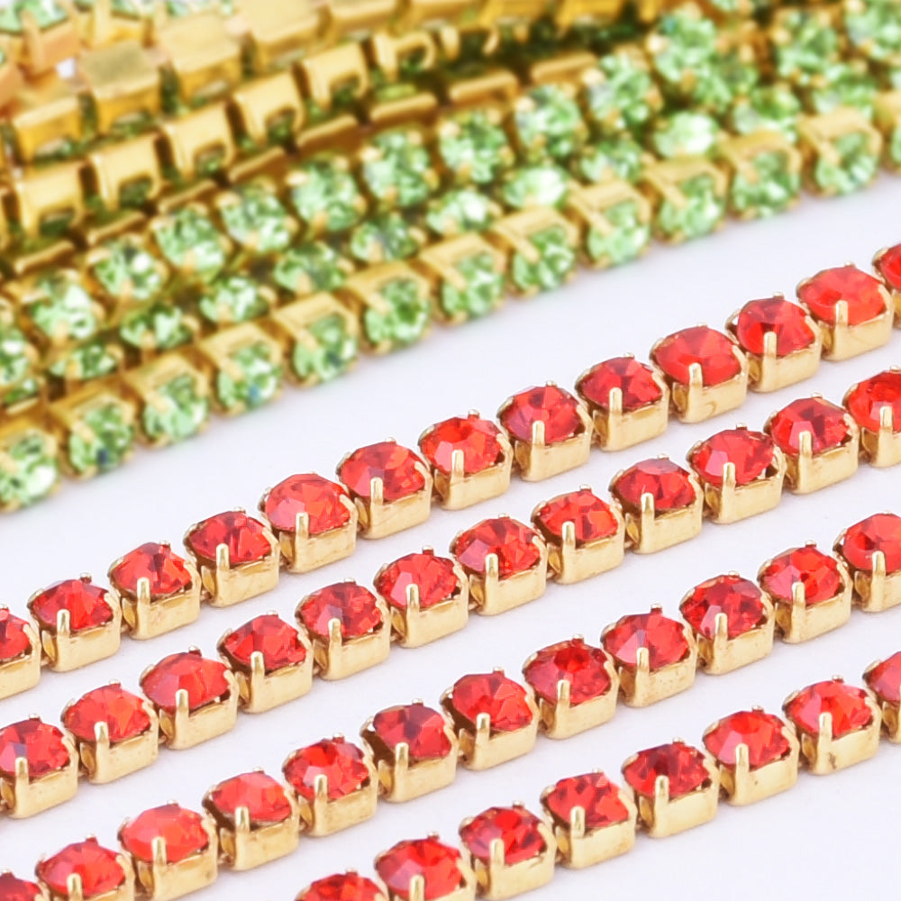 SS6 Red Rhinestone Chain Various Colors Crystal Compact Close Gold Chain wedding DIYs 3.6Meters