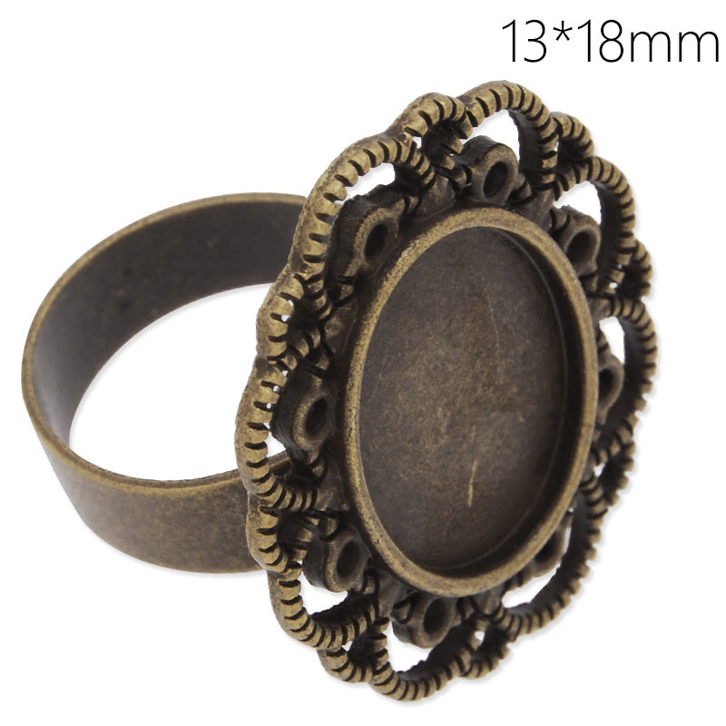 Circle Adjustable Ring with 13x18MM Oval Ornate Bezel ,Antique Bronze,zinc alloy filled,20pcs/lot