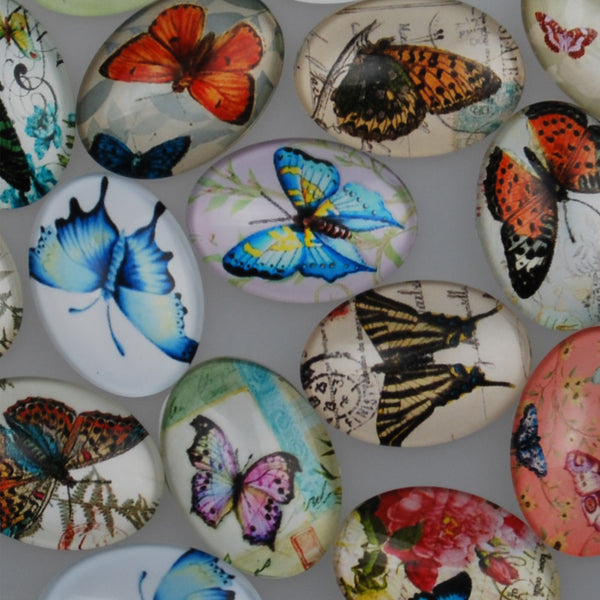 18*25MM Oval glass cabochons with mixed pretty Butterfly pattern,photo glass cabochons,flat back,thickness 5.5mm,20 pieces/lot
