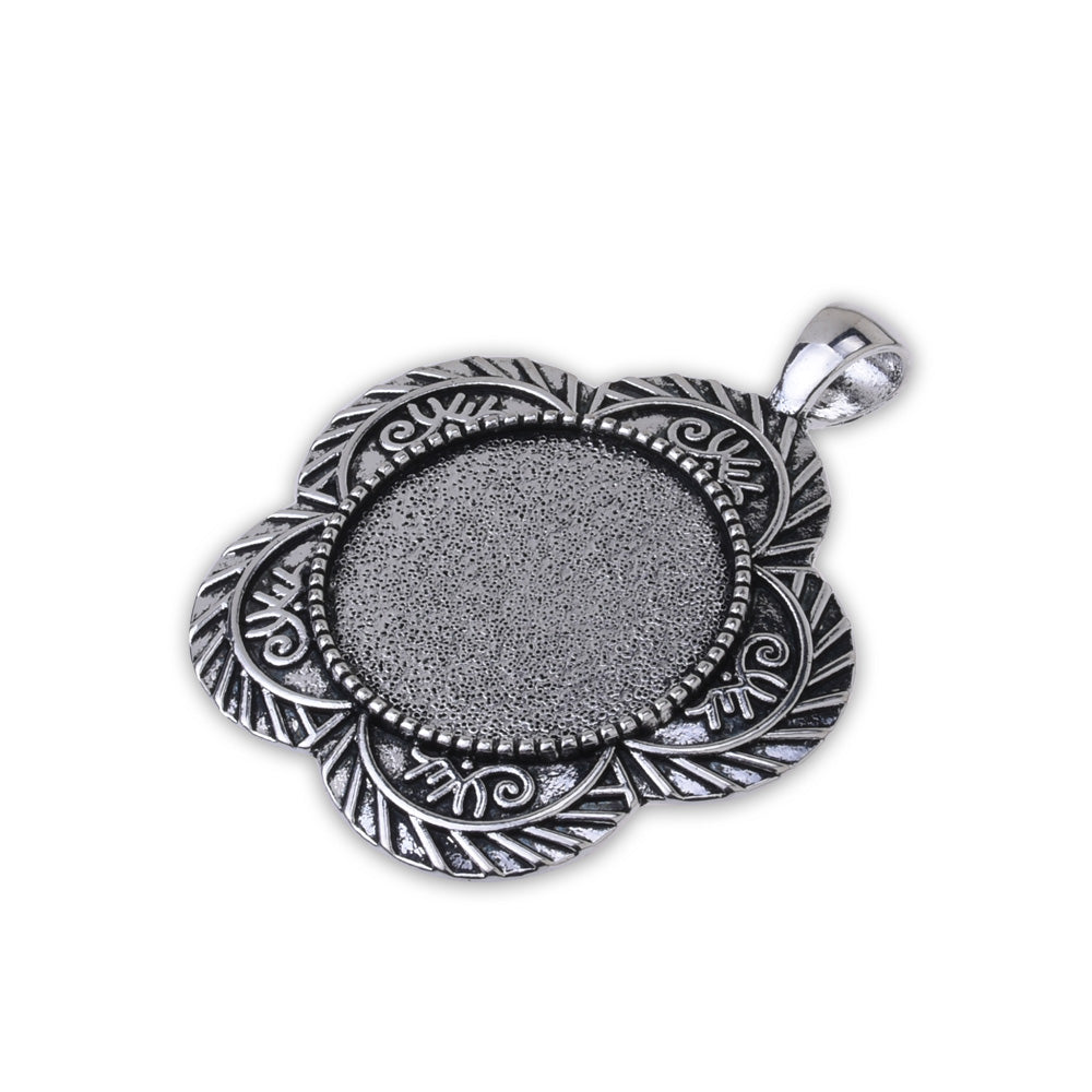 10 pieces Antique Silver Round Flower Cameo Cab Frame Blank Setting Charms Pendants Fit 25mm Cabochon Setting, Pendant Setting