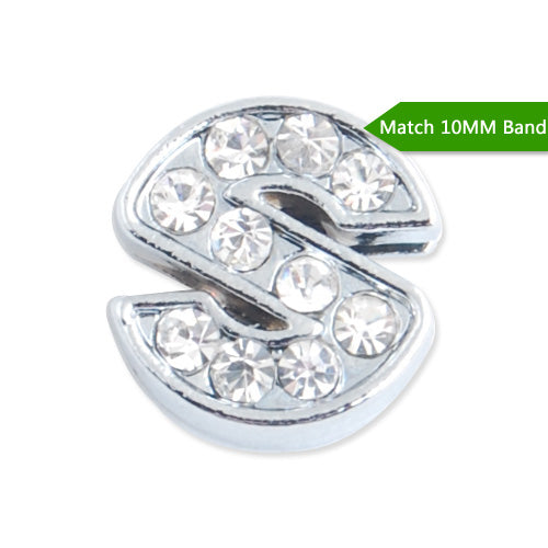 10MM Letter "S" Slider Charms,Crystal Rhinestones Alphabets Beads,Silver Plated,Match 10mm Band or Slider Bracelet;sold 50pcs per pkg