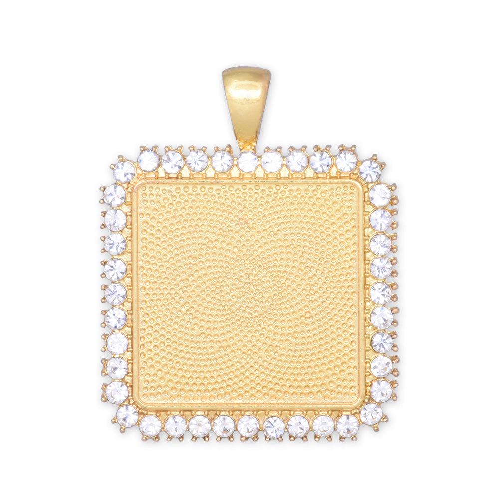 10 Crystal Style Gold Pendant Trays ,20mm Square Cabochon Settings Rhinestone Pendant  Clear Rhinestone Photo holder