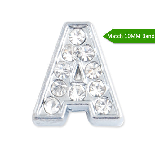 10MM Letter "A" Slider Charms,Crystal Rhinestones Alphabets Beads,Silver Plated,Match 10mm Band or Slider Bracelet;sold 50pcs per pkg