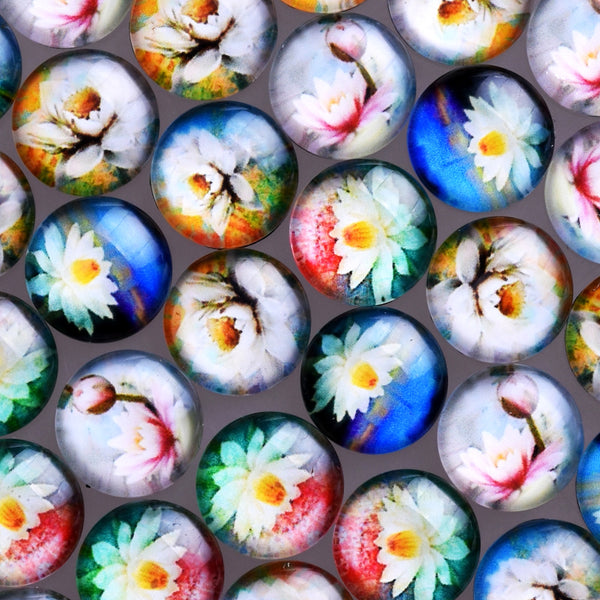 50 Round Lotus Glass Cabochon Flower Jewelry 16MM Photo Glass Cabochons  Dome Cameo Jewelry