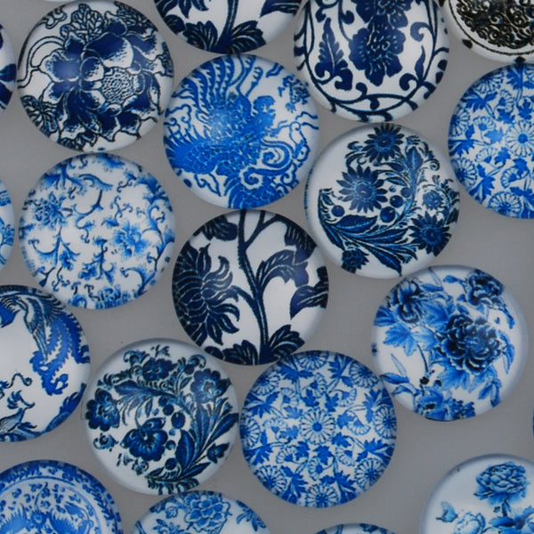 16MM Round Colorful glass cabochons,Mix Blue and white porcelain pattern glass cabochons,flat back,thickness 5mm,50 pieces/lot