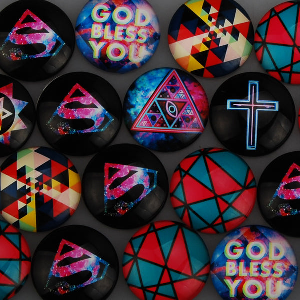 30MM Round pattern glass cabochons with mixed luckly symbol,flat back,thickness 7mm,20 pieces/lot