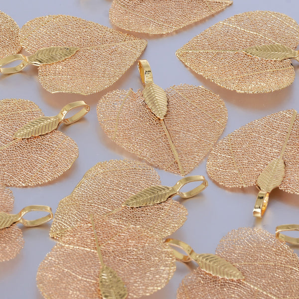 About 25-30mm Real Nature Heart Leaf Pendant Filigree Leaf Charm metal leaf, electroforming hole 5mm Jewelry Supplies champagne 2pcs